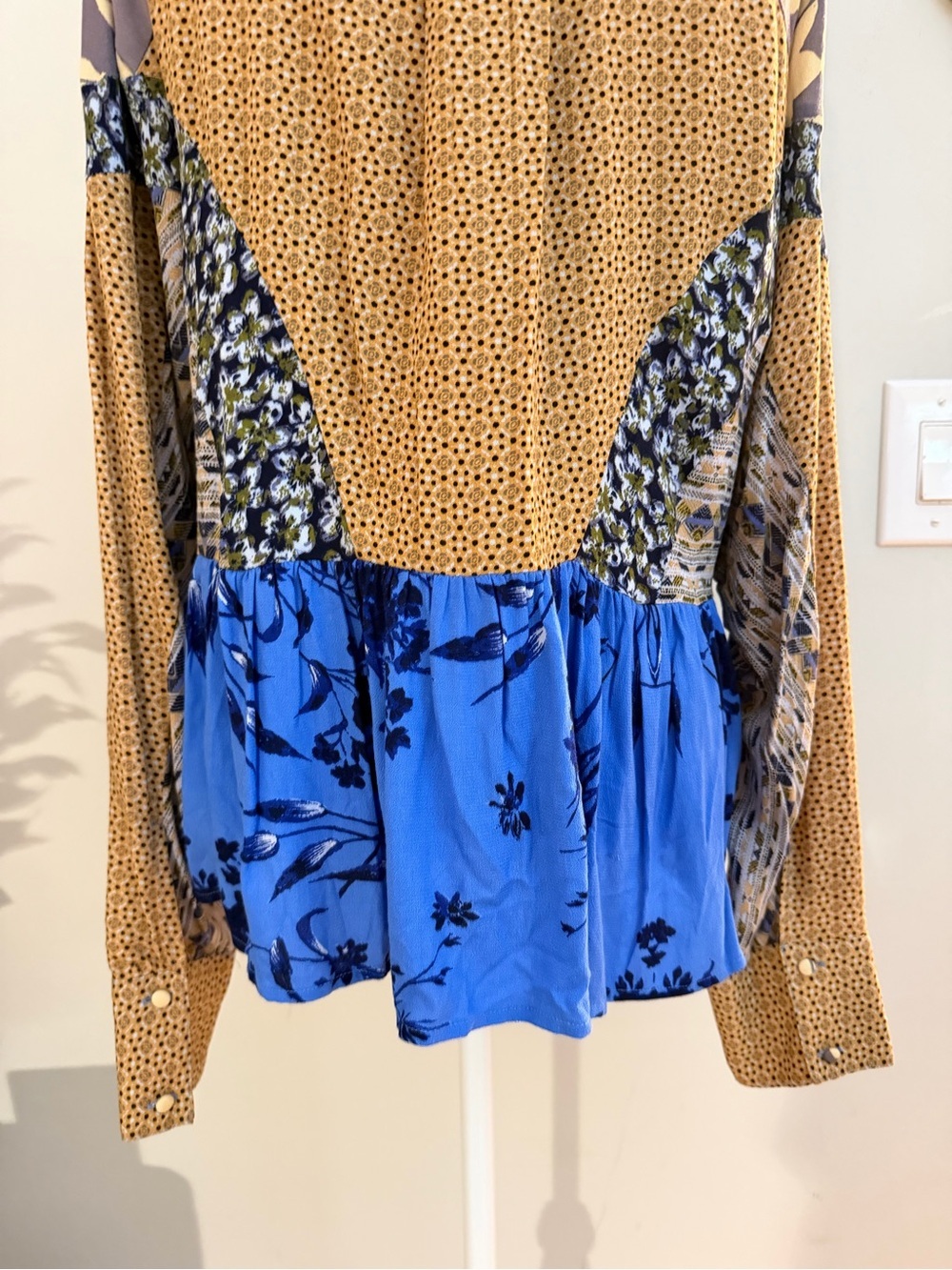 Free People Aloha State of Mind Storm Cloud Patchwork Peplum Blouse L - Picture 10 of 12